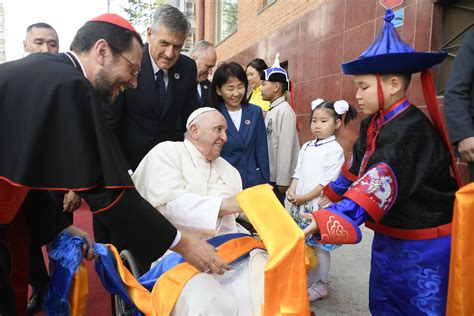 Pope Francis arrives on his first visit to Mongolia .